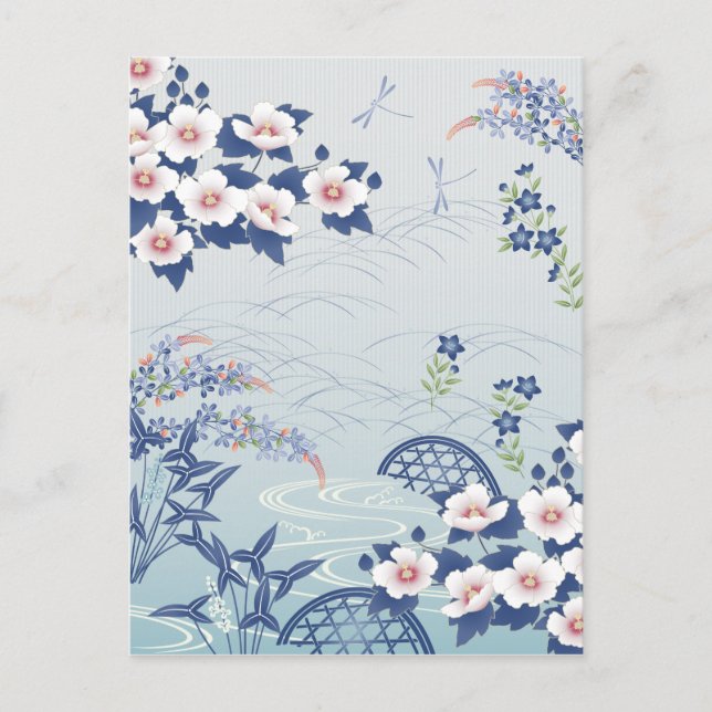 Eleganter Light Blue Japanischer Blumengarten Postkarte (Vorderseite)