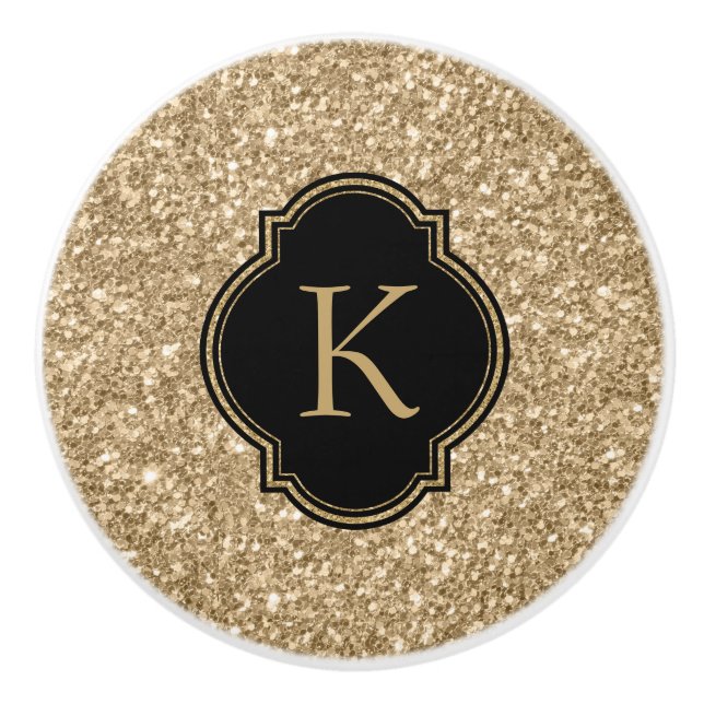 Eleganter Light Gold Glitzer Print Black Monogram Keramikknauf (Vorderseite)