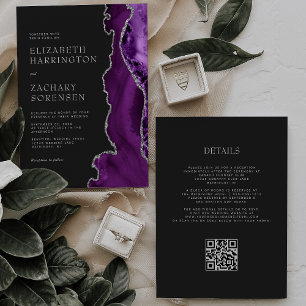 Eleganter Lila-Achat-Silber-Dunkler QR-Code Hochze Einladung