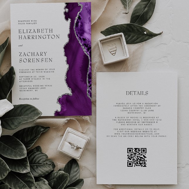 Eleganter Lila Agate Silver QR Code Wedding Einladung (Von Creator hochgeladen)