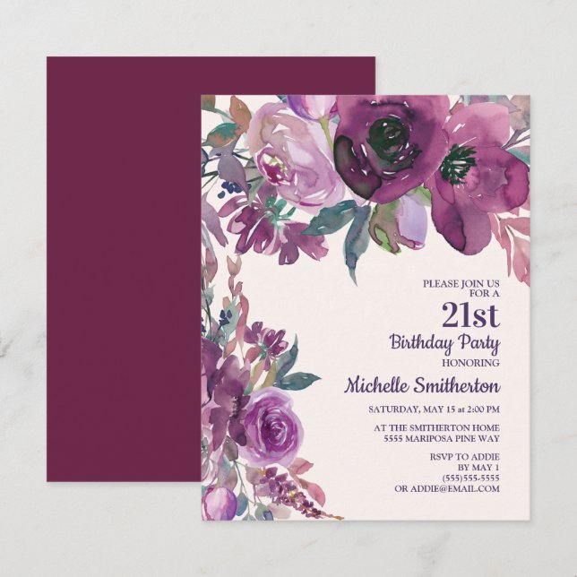 Eleganter Lila Aquarellblumen 21. Geburtstag Einladung (Vorne/Hinten)