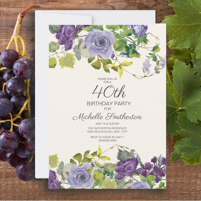 Eleganter Lila Aquarellblumen 40. Geburtstag Einladung (Elegant purple watercolor floral 40th birthday party invitation for women)