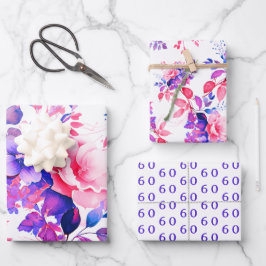 Eleganter Lila Aquarellblumen 60. Geburtstag Geschenkpapier Set