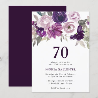 Eleganter Lila Aquarellblumen 70. Geburtstag Einladung
