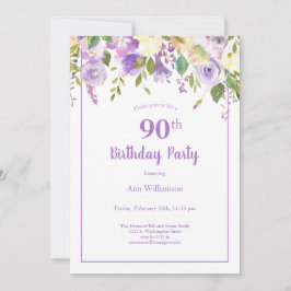 Eleganter Lila Aquarellblumen 90. Geburtstag Einladung