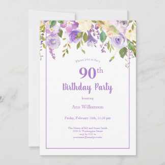 Eleganter Lila Aquarellblumen 90. Geburtstag Einladung