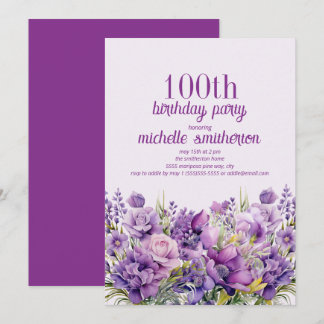 Eleganter Lila Aquarellfarben, 100. Geburtstag Einladung