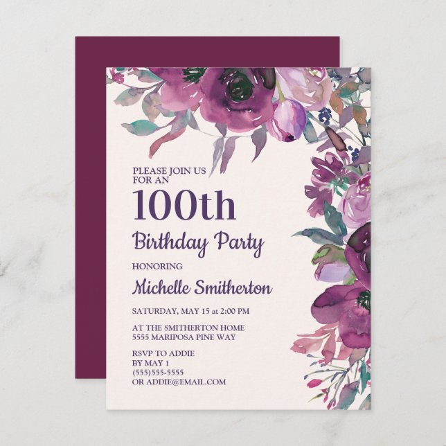 Eleganter Lila Aquarellfarben, 100. Geburtstag Einladung (Vorne/Hinten)