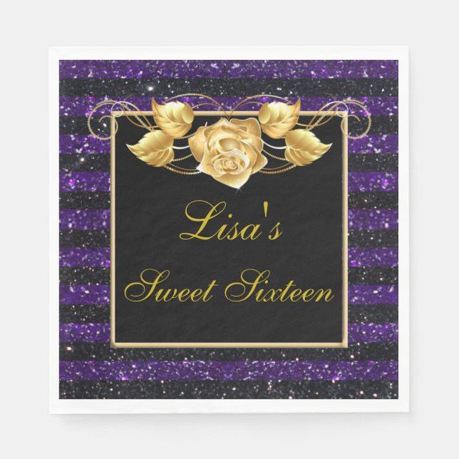 Eleganter Lila Black Glitzer Gold Rose Sweet 16 Serviette (Vorderseite)