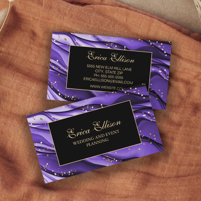 Eleganter Lila Black Gold Glitzer Hochzeitsplaner Visitenkarte (Von Creator hochgeladen)