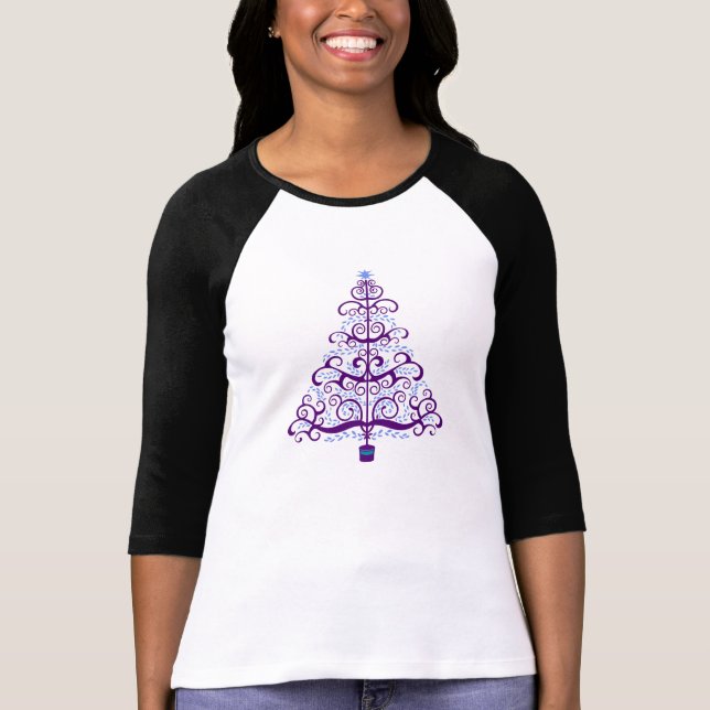 Eleganter Lila Blauer Weihnachtsbaum T-Shirt (Vorderseite)