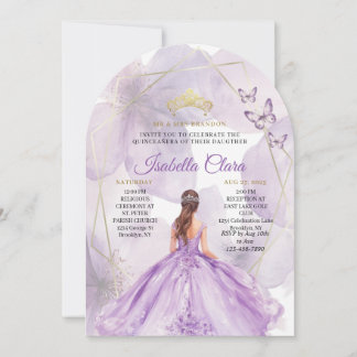 Eleganter lila Blumen-Quinceañera-Goldbogen Einladung