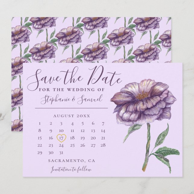 Eleganter Lila Blumenkalender Save The Date (Vorne/Hinten)