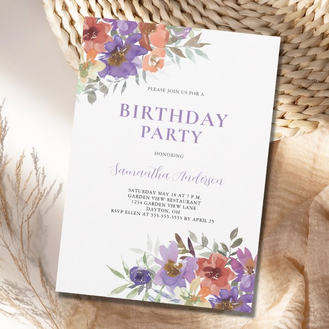 Eleganter Lila Blumenwald Geburtstag Einladung (Von Creator hochgeladen)