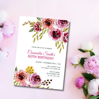 Eleganter Lila Burgund Rose Floral Geburtstag Einladung