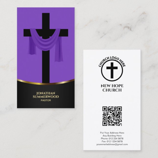 Eleganter Lila Christlicher Pastor Cross & QR Code Visitenkarte (Vorne/Hinten)