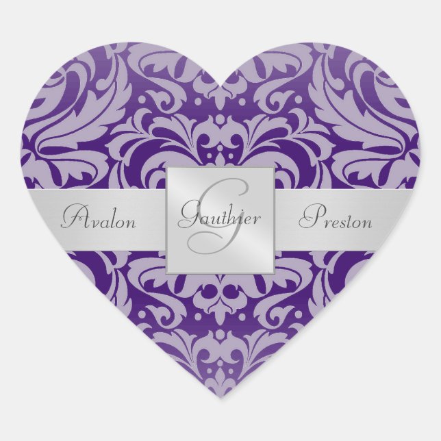 Eleganter Lila Damask Heart Wedding Sticker (Vorderseite)