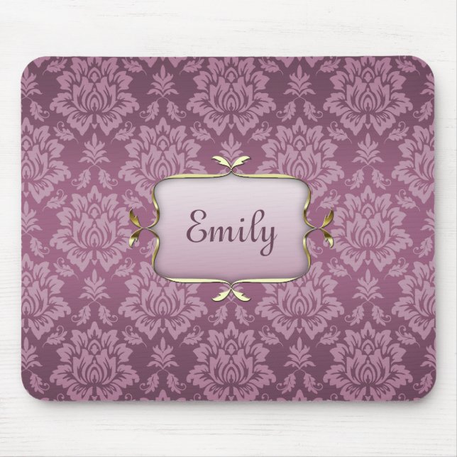 Eleganter Lila Damask mit Individuelle Name Mousepad (Vorne)