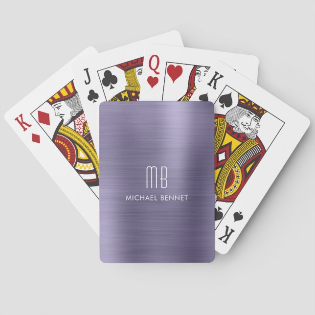 Eleganter Lila gebürsteter Metallic Monogramm-Name Spielkarten (Rückseite)