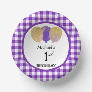 Eleganter Lila Gingham & Balloons 1. Geburtstag Pappteller