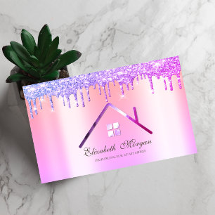 Eleganter lila Glitter-Tropfen Dach Immobilien  Visitenkarte