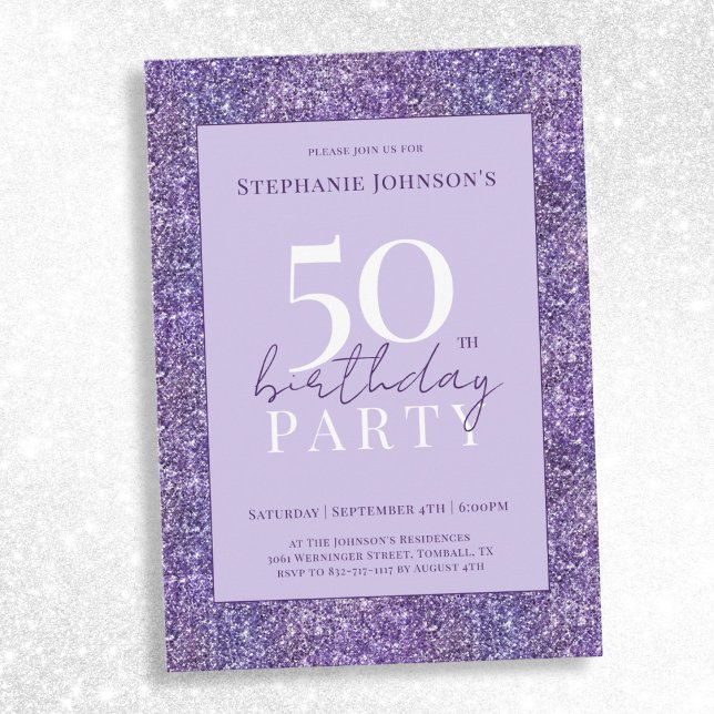 Eleganter Lila Glitzer 50. Geburtstagsparty Einladung (Elegant Purple Glitter 50th Birthday Party Invitation)