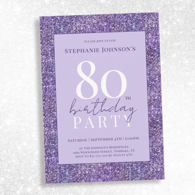 Eleganter Lila Glitzer 80. Geburtstagsparty Einladung (Elegant Purple Glitter 80th Birthday Party Invitation)