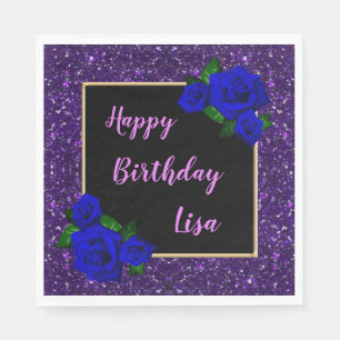 Eleganter Lila Glitzer Deep Blue Rose Geburtstag Serviette