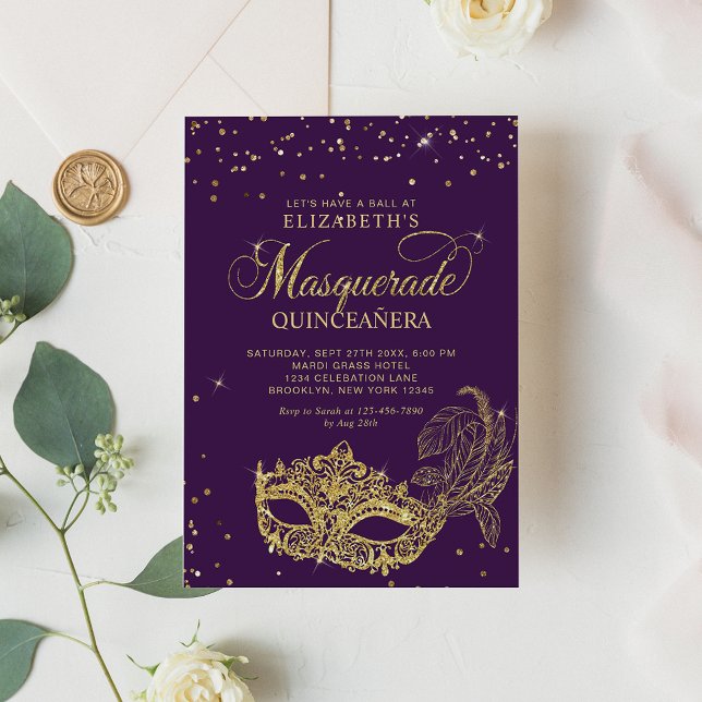Eleganter Lila Glitzer Masquerade Quinceañera Einladung (Von Creator hochgeladen)