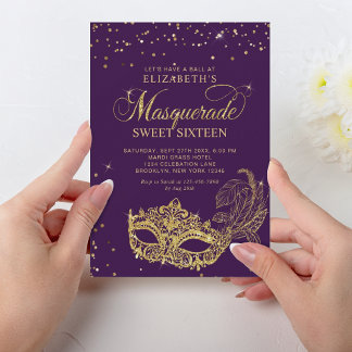 Eleganter Lila Glitzer Masquerade Sweet 16 Einladung