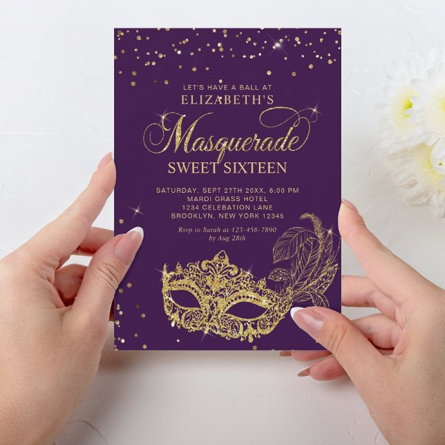 Eleganter Lila Glitzer Masquerade Sweet 16 Einladung (Von Creator hochgeladen)