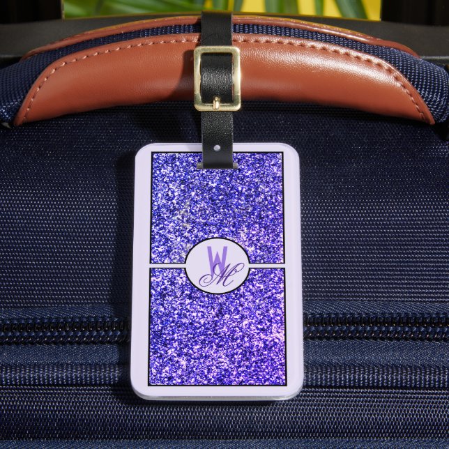 Eleganter Lila Glitzer Mit Monogramm Gepäckanhänger (Vorderseite Insitu 2)