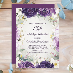 Eleganter Lila Glitzer mit weißer Blüte 18. Geburt Einladung