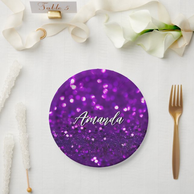 Eleganter Lila Glitzer Pappteller (Hochzeit)