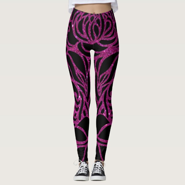 Eleganter Lila Glitzer Schwarze Zebra-Tierdrucke  Leggings (Vorderseite)