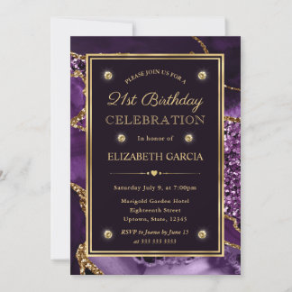 Eleganter Lila & Gold Glitzer Agate 21. Geburtstag Einladung