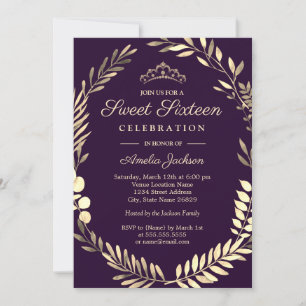 Eleganter lila-goldener Kranz Sweet Sixteen Einladung