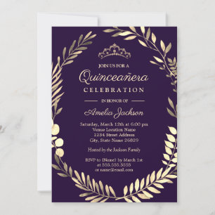 Eleganter lila-goldener Wasserfarben-Kranz Quincea Einladung