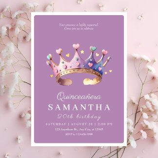 Eleganter lila Goldprinzessin Quinceanera Geburtst Einladung