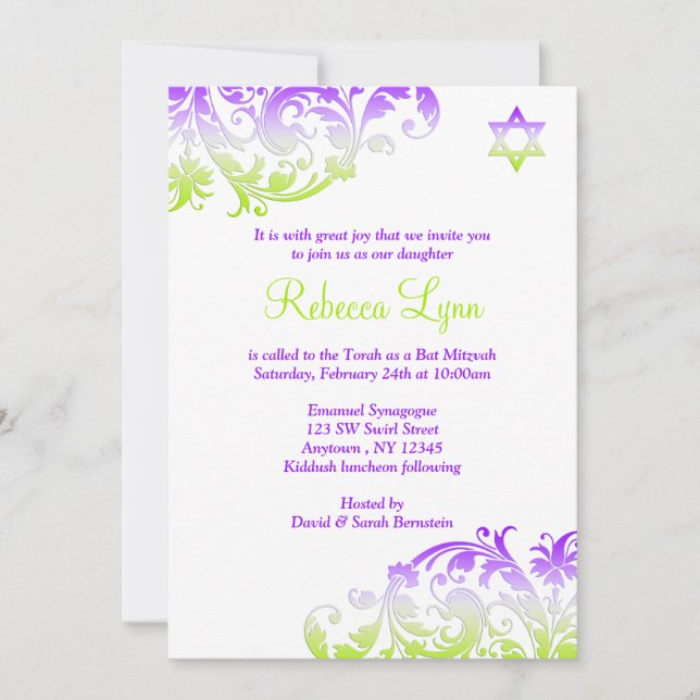 Eleganter Lila Green Blüh Bat Mitzvah Einladung (Vorderseite)