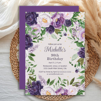 Eleganter Lila Lavendel Floral 90. Geburtstag Einladung