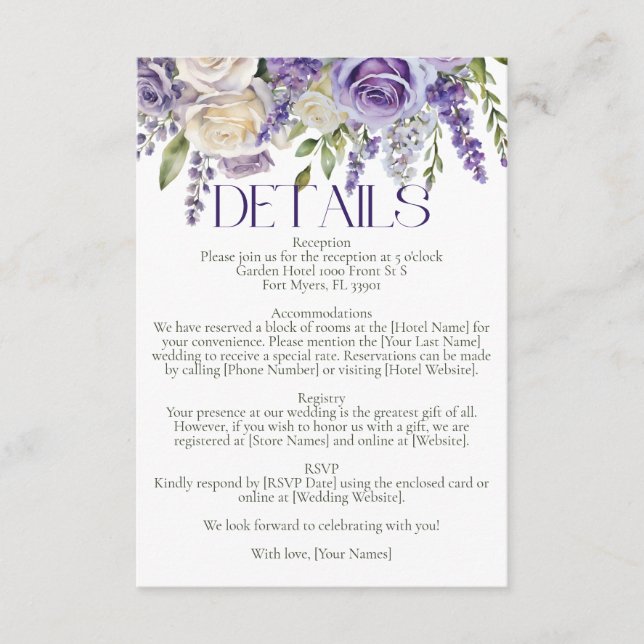 Eleganter Lila Lavendel White Roses Hochzeitsdetai Begleitkarte (Vorderseite)
