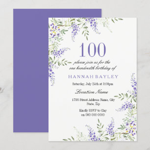 Eleganter Lila Lavendel zum 100. Geburtstag Einladung