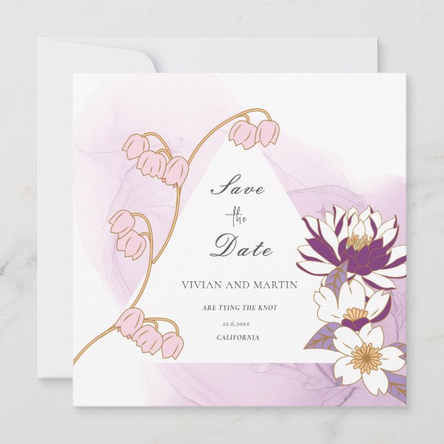 Eleganter Lila Lotus Save the Date Einladung (Vorderseite)