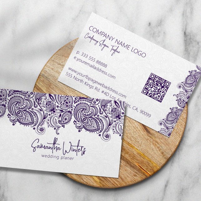 Eleganter lila Paisley auf weißem Hochzeitsplaner Visitenkarte (Von Creator hochgeladen)