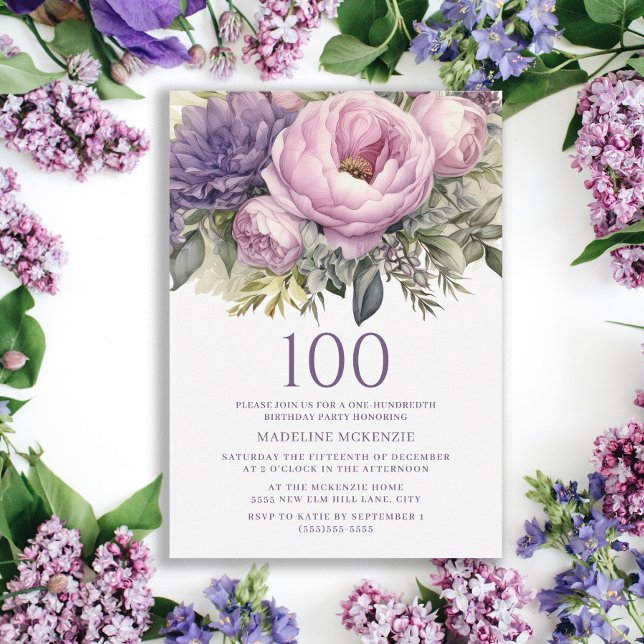Eleganter Lila rosa Blütenbraun 100. Geburtstag Einladung (Purple floral 100th birthday party invitation)