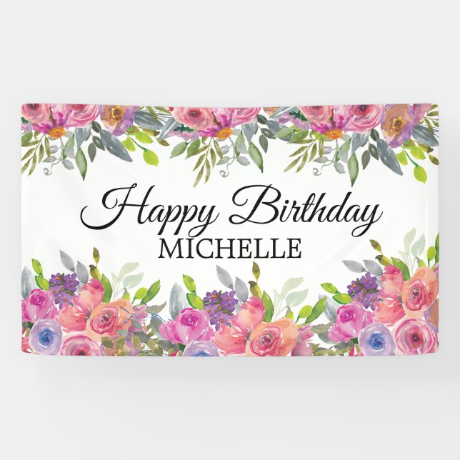 Eleganter Lila rosa floraler Happy Birthday Name Banner (Horizontal)