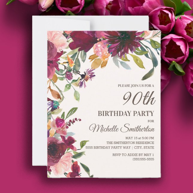 Eleganter Lila rosafarbener Goldflor 90. Geburtsta Einladung (Burgundy and pink watercolor floral 90th birthday party invitation)