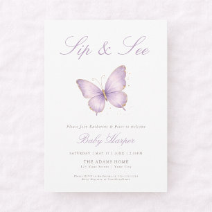 Eleganter lila Schmetterling Sip and See Einladung