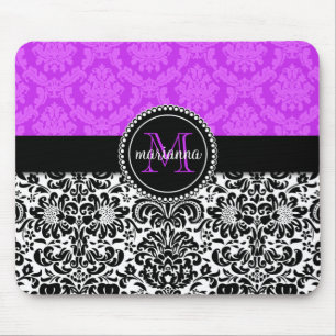 Eleganter lila schwarzer Damast personalisiert Mousepad